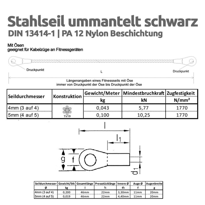 Drahtseile24 Stahlseil ummantelt Fitnessgerät, Fitness mit Ösen | 4mm (3 auf 4) Stärke | 140 kg Nutz