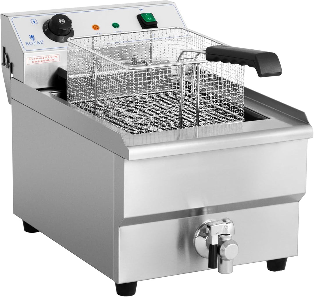 Royal Catering Kommerzielle Fritteuse Kapazität 16 l 6000 W 400 V 50-200 °C Kaltzone Ablasshahn auto