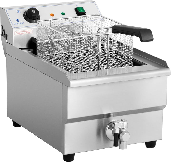 Royal Catering Kommerzielle Fritteuse Kapazität 16 l 6000 W 400 V 50-200 °C Kaltzone Ablasshahn auto