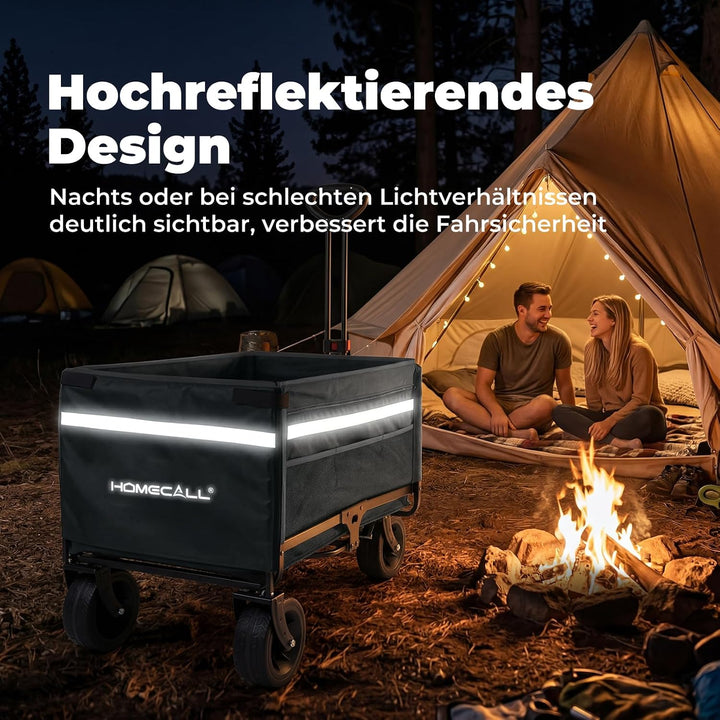 Bollerwagen Faltbar 120L+, Bis 150kg mit Heckklappe, Regenschutz, Bremsen | Reflektorstreifen, Stran