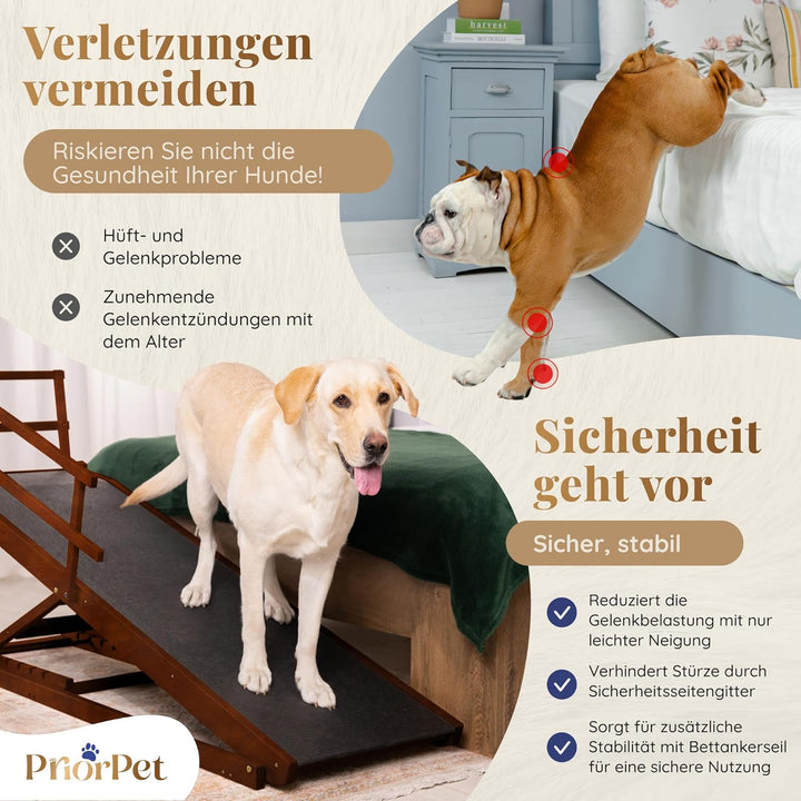 Hunderampe Bett mit Sicherheitsgeländer - Für Grosse Hunde bis zu 90 kg - Höhenverstellbare hundetre