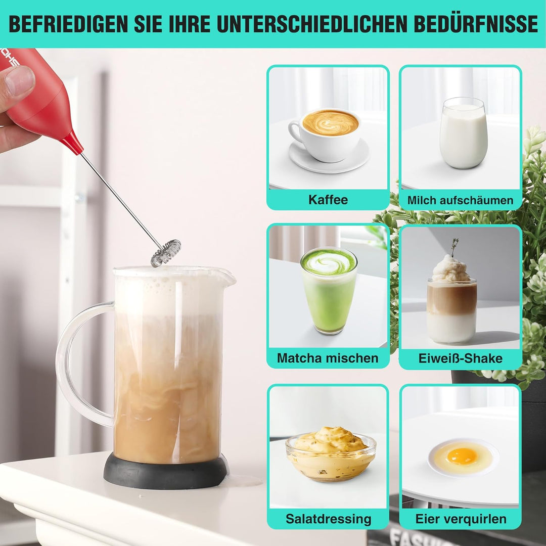 HAUSHOF Milchaufschäumer Stab, Wiederaufladbarer Hand-Milchschäumer, mit Schneebesen aus Edelstahl,
