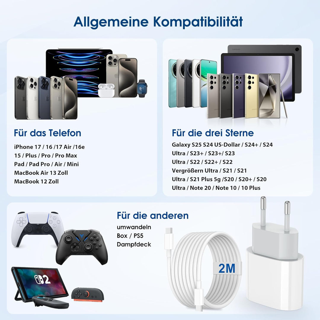 KenSera 20W USB C Ladegerät Schnellladegerät mit 2m Kabel, 2-Port Netzteil USB-C & USB-A, Fast Charg