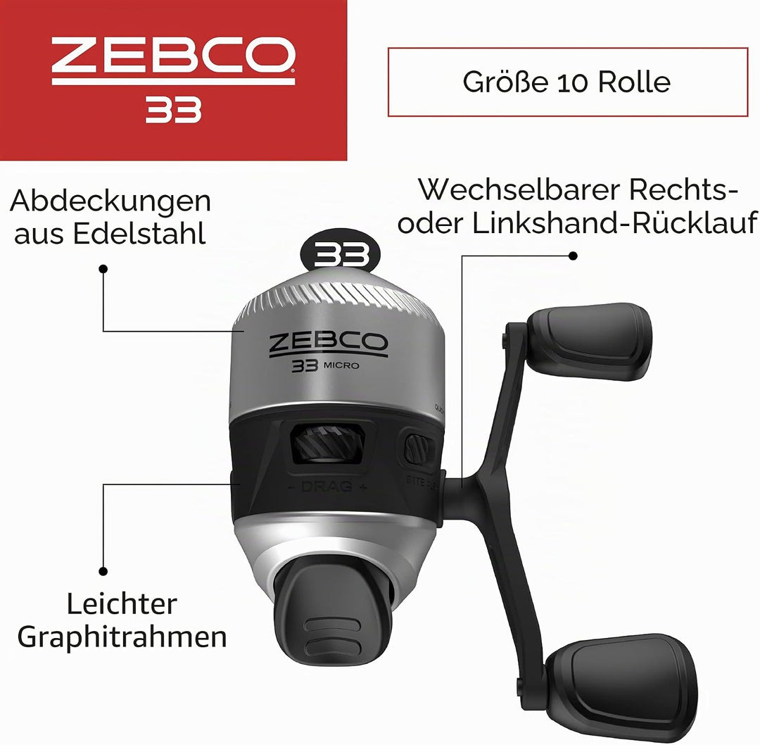 Zebco 33 Micro Spincast Angelrolle, Grösse 10 Rolle, wechselbare Rechts- oder Linkshänder-Apportieru