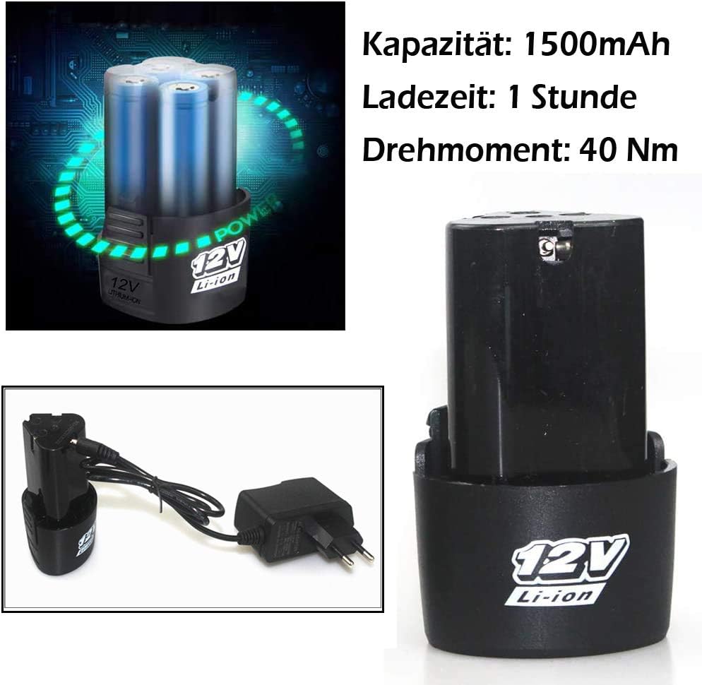 Akku Ratschenschlüssel mit 2 x 1500mAh Lithium Akkus, Elektrische Ratschenschlüssel Set - 40Nm, 12V,