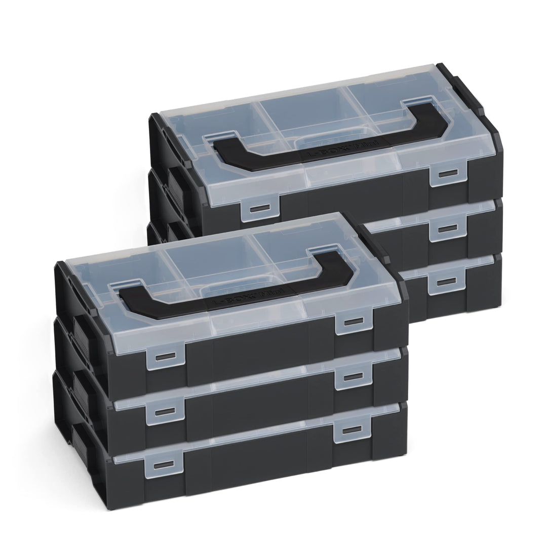Bosch Sortimo L BOXX Mini | 6er Set in schwarz mit transparentem Deckel | Sortimentskasten Schrauben