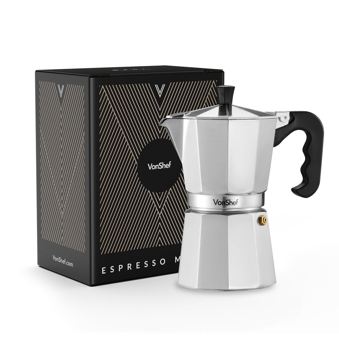 VonShef Espressokanne für den Herd, Italienischer Espressokocher aus Aluminium für Gas- & Elektroher