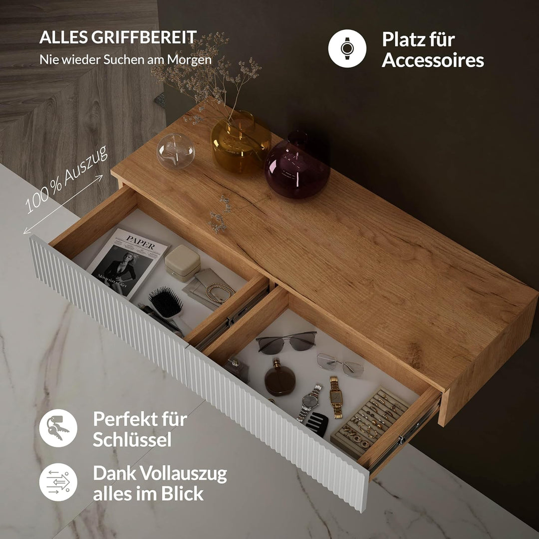 Planetmöbel Flur Garderobe Set Konsolentisch 100 cm inkl. Spiegel mit Beleuchtung rund (ohne Rahmen)
