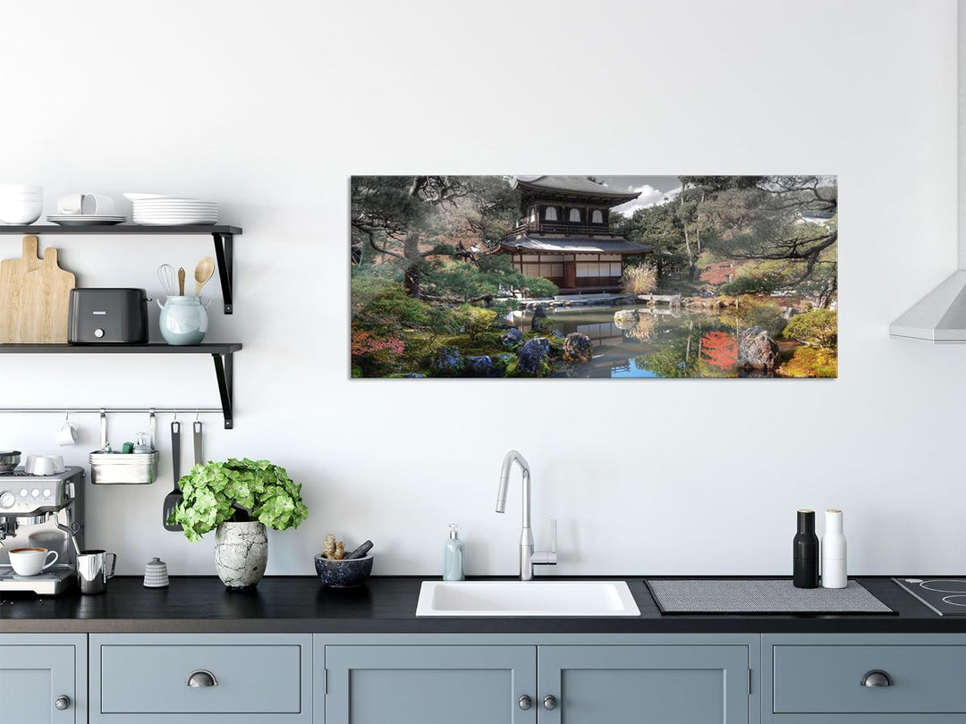 Glasbild Panorama | Wandbild aus Echtglas | Ginkaku-ji-Tempel in Kyoto | 100x40 cm | inkl. Aufhängun