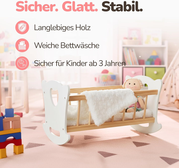 Kinderplay Puppenwiege Holz mit Bettwäsche – Puppenbett Schaukelbett für Puppen bis 49,5 cm – Holzsp
