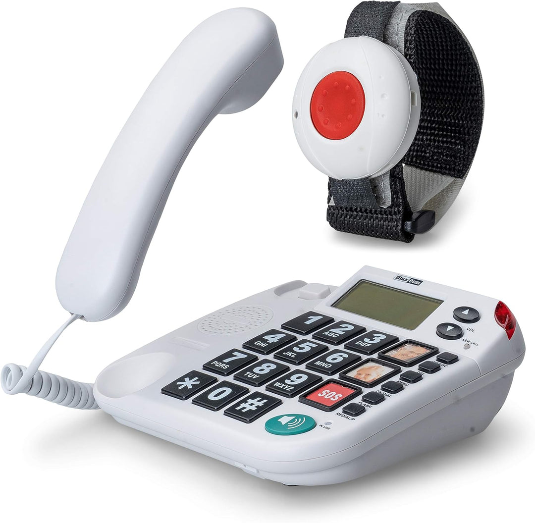 MaxCom KX481SOS: Hausnotruf Telefon mit Notrufarmband; schnurgebundenes Festnetztelefon mit Notrufkn