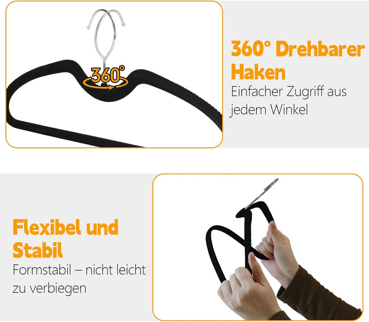 Samt-Kleiderbügel, kurzer Hals, rutschfest, schmal, mit 360° drehbarem Haken, platzsparende Kleiderb