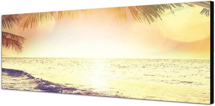 Paul Sinus Art Panoramabild auf Leinwand und Keilrahmen 150x50cm Tropen Strand Meer Sonnenlicht Vint