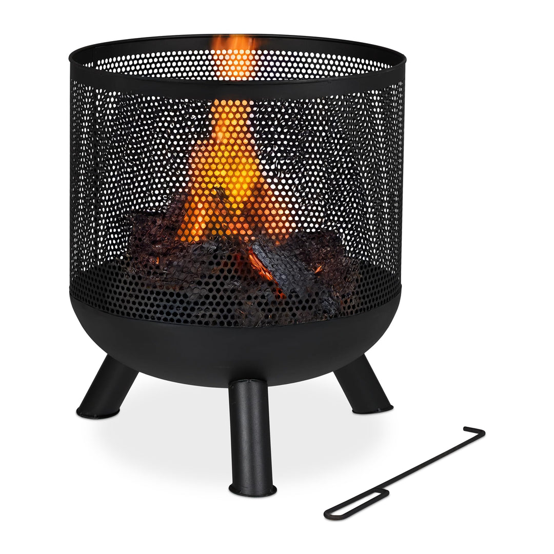 Relaxdays Feuerkorb, Mesh Design, Feuerrost, Schürhaken, Feuer im Garten, Feuertonne, Stahl, HxD: 53
