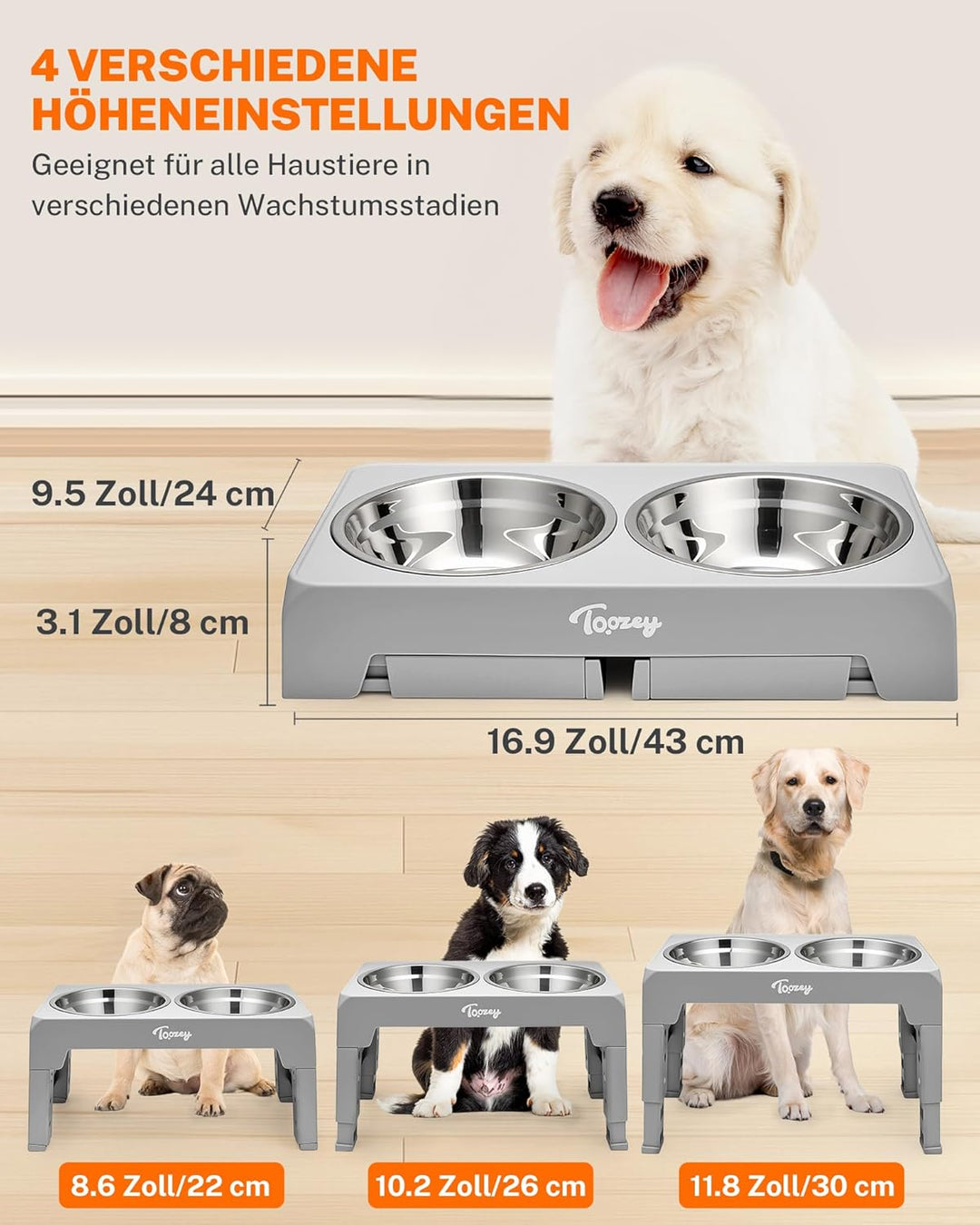 Toozey Hundenapf, Futterstation mit 2X 1200ml Edelstahlnäpfen, für mittlere & grosse Hunde，4 Höhenve