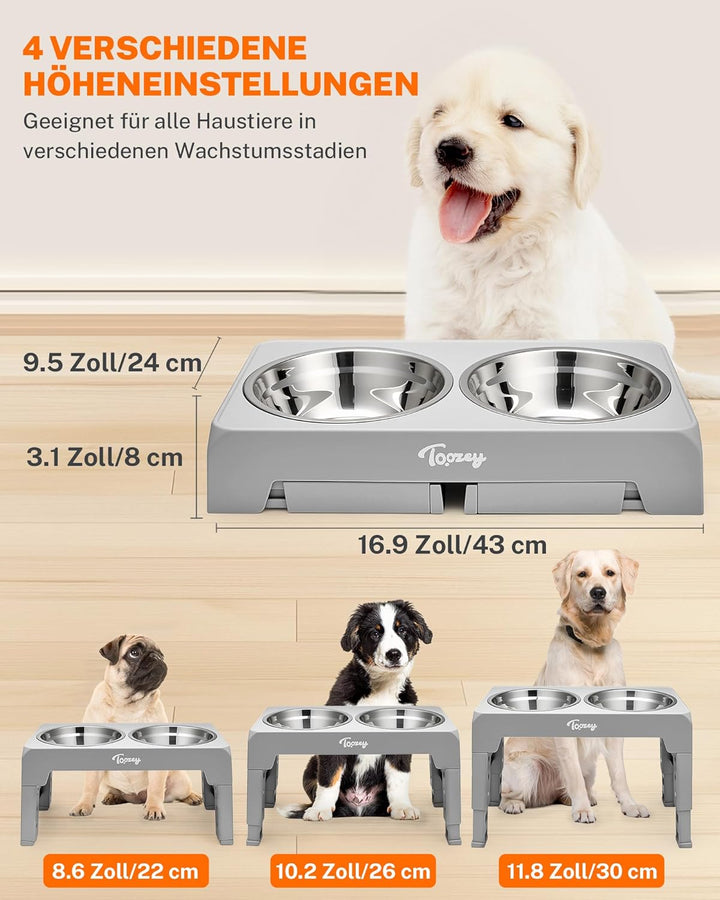 Toozey Hundenapf, Futterstation mit 2X 1200ml Edelstahlnäpfen, für mittlere & grosse Hunde，4 Höhenve