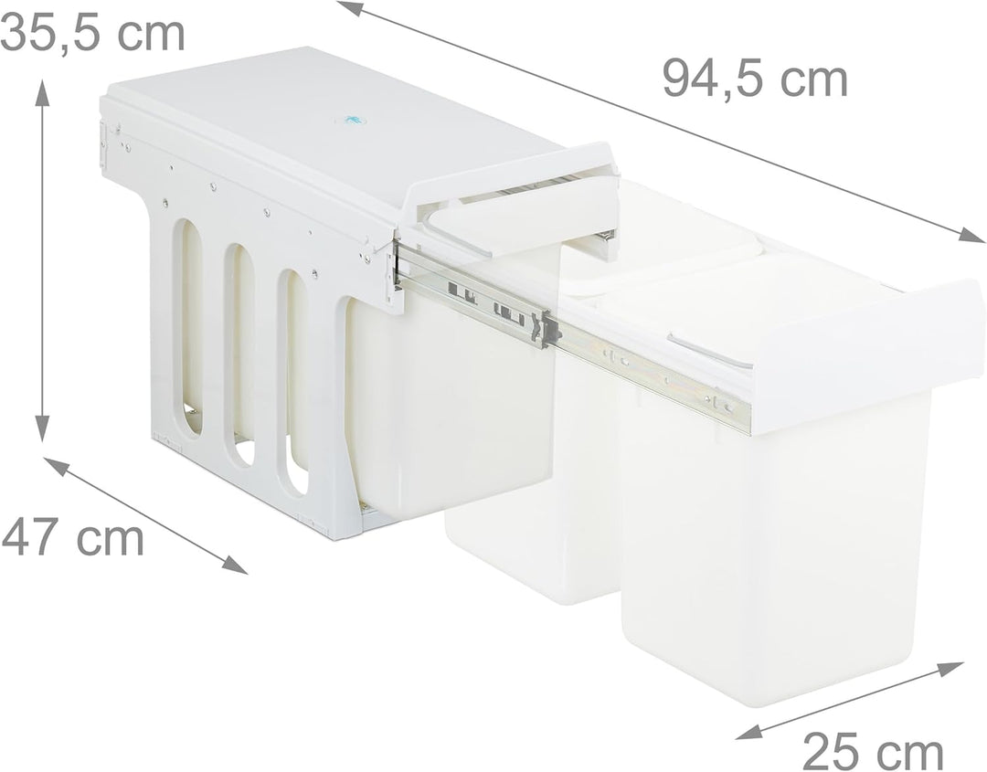Relaxdays Einbaumülleimer, 2 Fächer, 2 x 8l, HBT: 35,5 x 25 x 47 cm, ausziehbar, Mülltrennsystem für