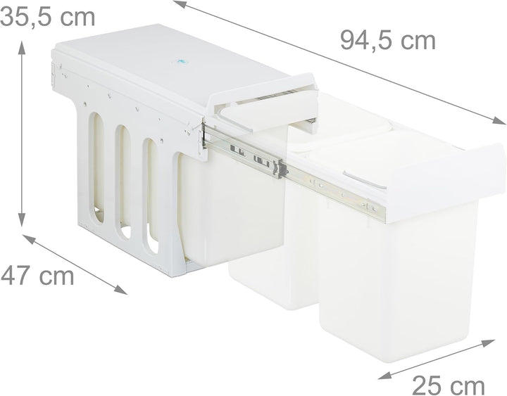 Relaxdays Einbaumülleimer, 2 Fächer, 2 x 8l, HBT: 35,5 x 25 x 47 cm, ausziehbar, Mülltrennsystem für