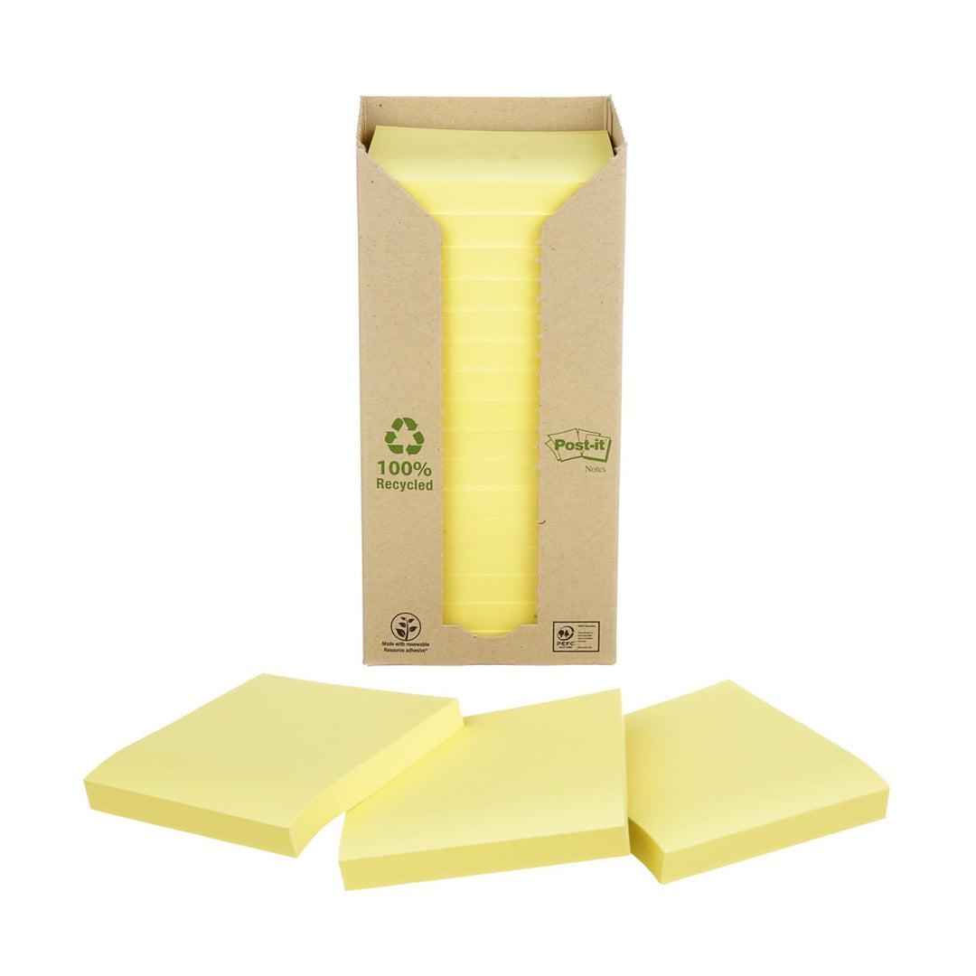 Post-it 654-1T Haftnotiz Recycling Notes Tower, 76 x 76 mm, 80 g, 100 Blatt, 16 Block, gelb 76 x 76