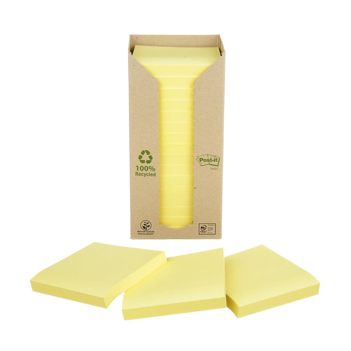 Post-it 654-1T Haftnotiz Recycling Notes Tower, 76 x 76 mm, 80 g, 100 Blatt, 16 Block, gelb 76 x 76