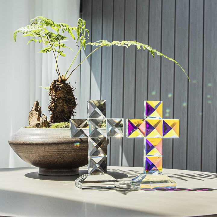 QFkris Traditionelles Kreuz mit Kristallkreuz auf Basis, 12,7 cm hoch, Glas, Tischplatte, Kreuz, chr