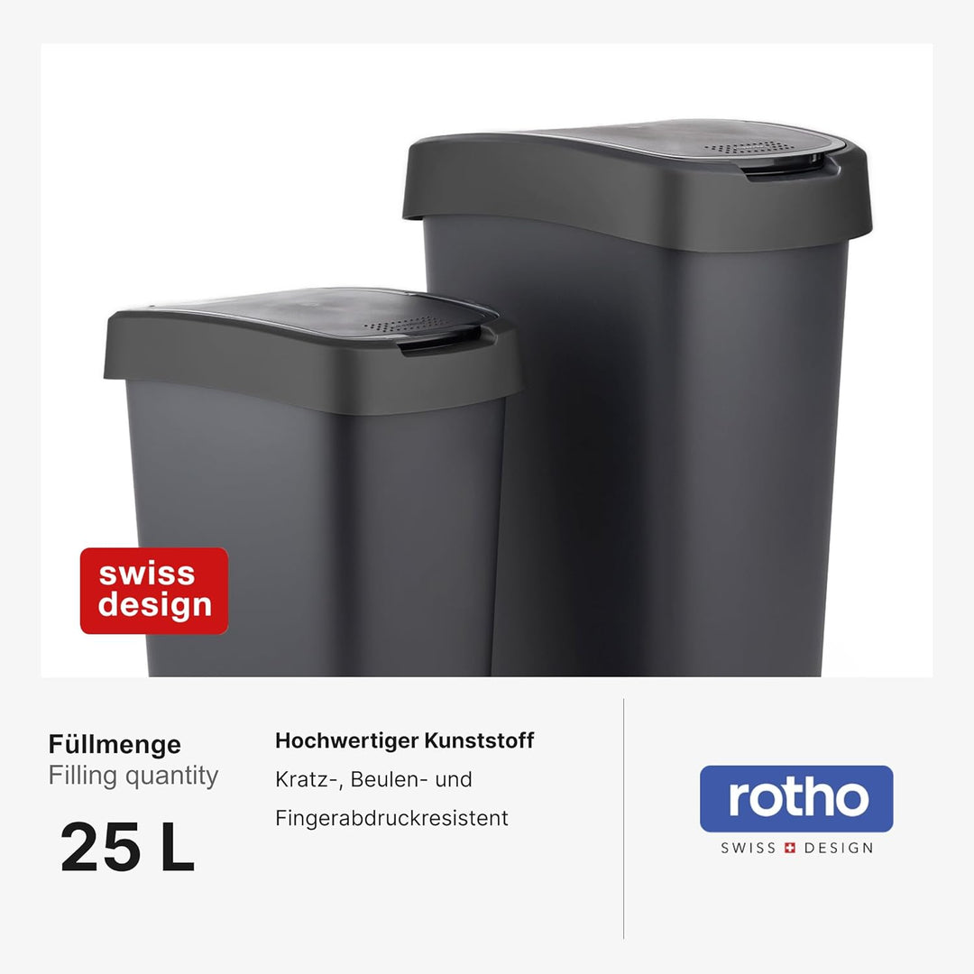Rotho Salsa Mülleimer 25l mit Deckel, Kunststoff (PP) BPA-frei, schwarz recycelt, 25l (33.3 x 25.2 x