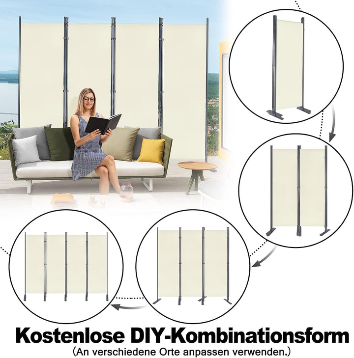 JOIEYOU Paravent Outdoor Sichtschutz Trennwand 4 Teilig 225x180cm Raumtrenner mit Flache Füsse Anti-