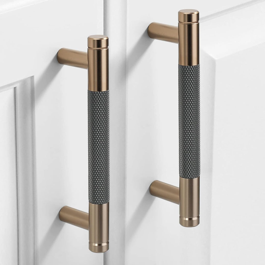 9BUILD 10 Stück Schrankgriffe Gold und Grau Lochabstand 96mm Griffe für Küchenschränke Gerändelte Mö