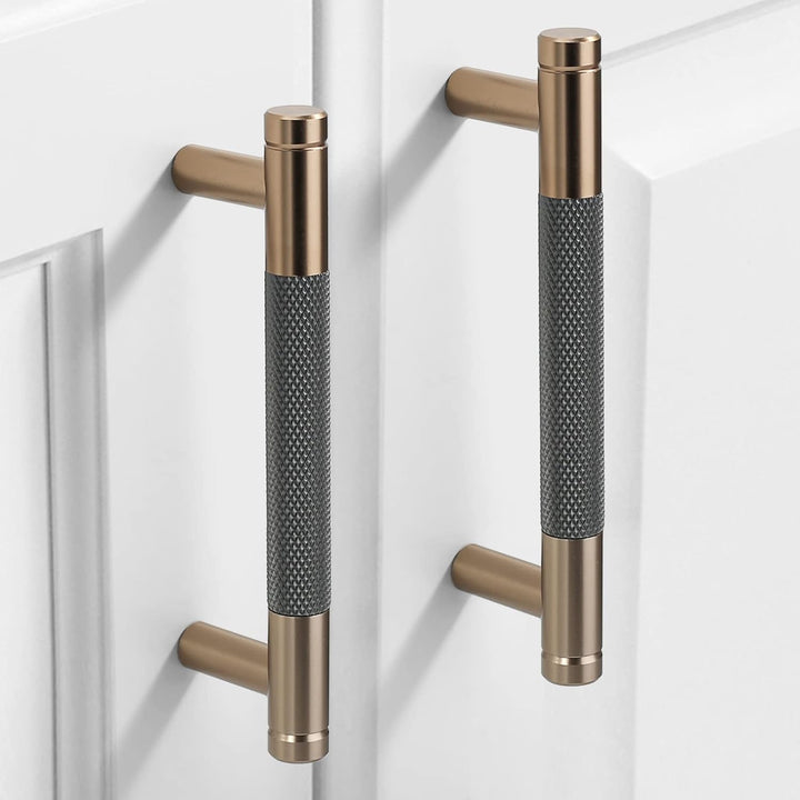 9BUILD 10 Stück Schrankgriffe Gold und Grau Lochabstand 96mm Griffe für Küchenschränke Gerändelte Mö