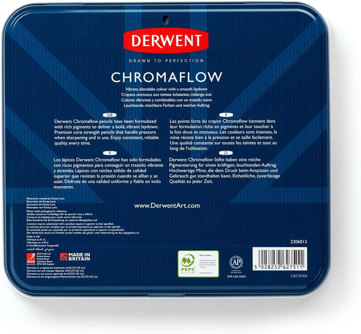 Derwent Chromaflow Buntstifte im 48er Set in Metallbox, 3,5 mm Minenstärke, Mischbar mit Geschmeidig