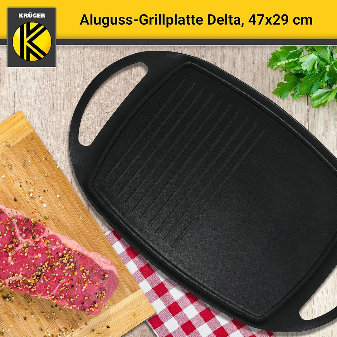 Krüger Aluguss-Grillplatte Delta 47x29cm - Grill-Platte mit Antihaft-Versiegelung und halbseitigem R