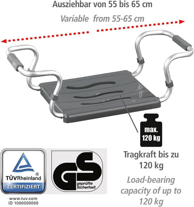 Maximex Badewannensitz Secura Silber - ausziehbar, 120 kg Tragkraft, Aluminium, 55-65 x 18 x 26 cm,