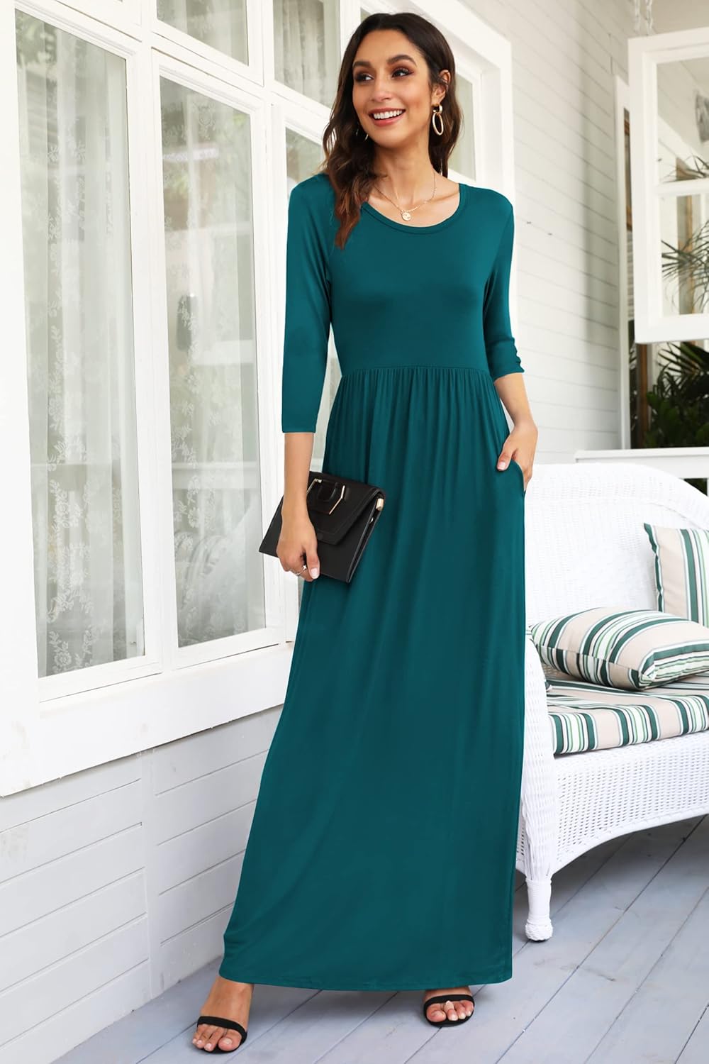 WNEEDU Maxikleid für Damen 3/4 Ärmel Kleid Damen Lang Herbst Winterkleid Lässige Langkleider Maxi El