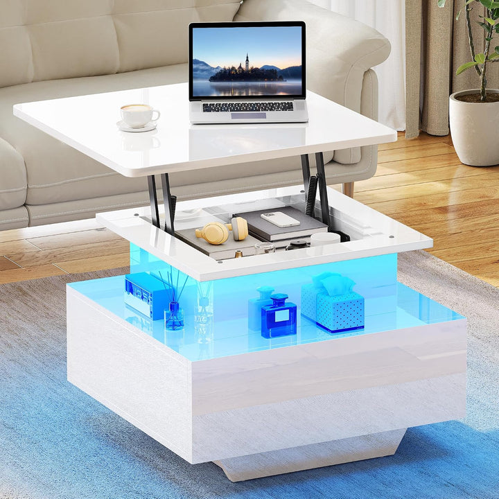 YITAHOME Couchtisch Höhenverstellbar mit LED Beleuchtung Modern, 60x60x45cm, Wohnzimmertisch Hochgla