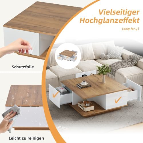 Merax Moderner Couchtisch Weiss + Holzfarbe – Quadratischer Sofatisch mit 3 Schubladen und Hochglanz