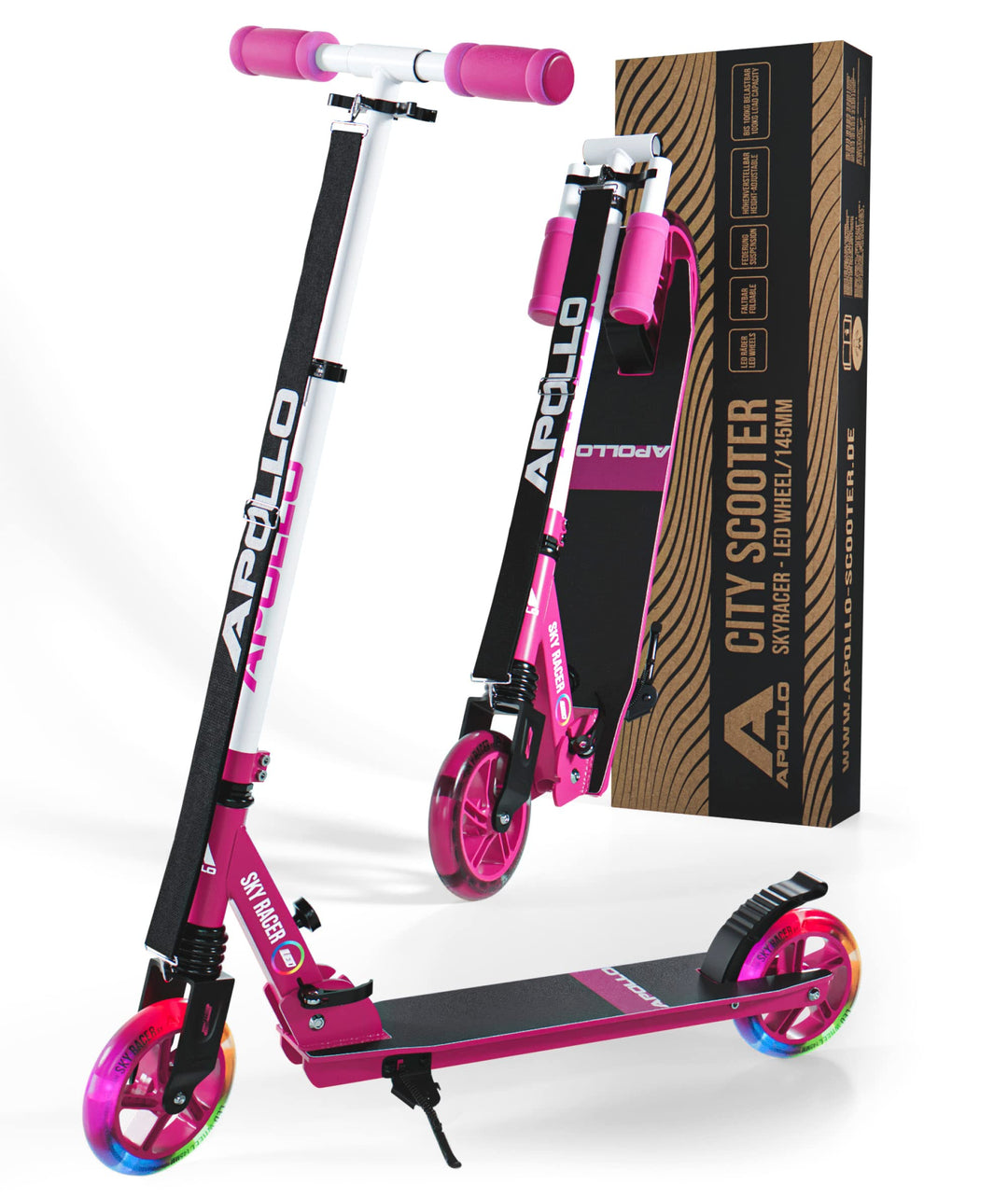Apollo Skyracer City Roller mit LED Leuchträdern | Roller Kinder 6 Jahre | City Scooter mit Federung