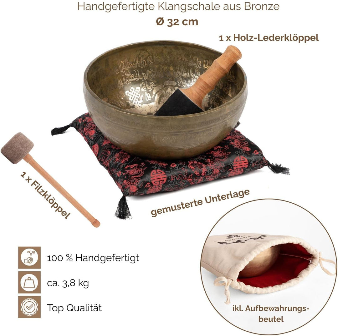 Bodhi Tibetische Klangschale Ø 32 cm | Singing Bowl mit 5 Buddhas Gravur | Handgefertigtes Klangscha