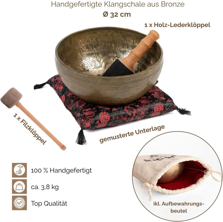 Bodhi Tibetische Klangschale Ø 32 cm | Singing Bowl mit 5 Buddhas Gravur | Handgefertigtes Klangscha