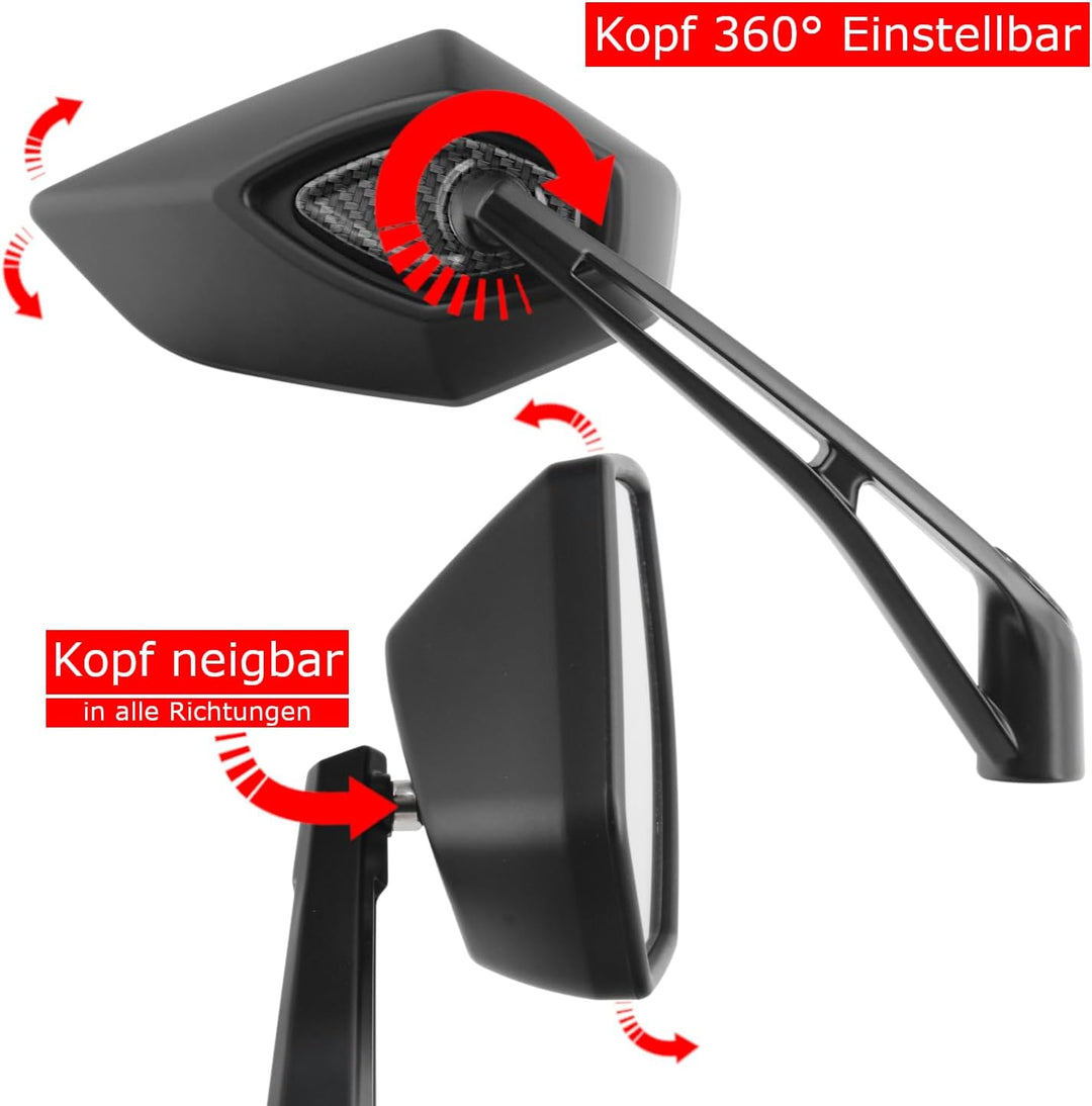 Area1 Universal Motorrad Rückspiegel Paar e-geprüft 2x M10 Rechtsgewinde + Linksgewindeadapter, komp