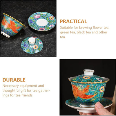 Emaille-Teetasse, Kung-Fu-Teetasse, traditionelles chinesisches Gaiwan-Porzellan, mit Deckel und Unt