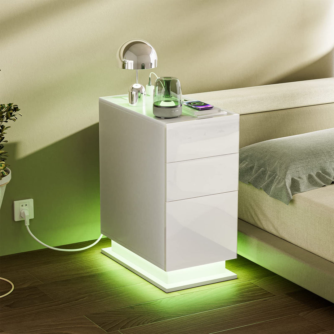 PIPIPOXER Nachttisch Weiss mit Steckdose & USB, Nachttisch LED mit 2 Schubladen, Beistelltisch, eins