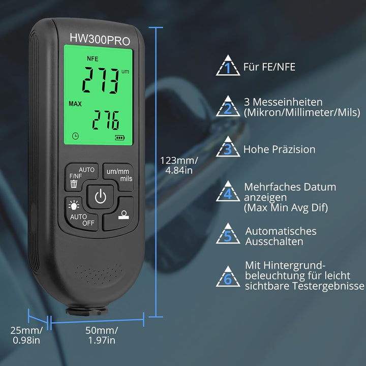 CAMWAY Profi Schichtdickenmessgerät 0-2000μm, Dickenmessgerät mit LCD-Anzeige & Batteriestands, Lack