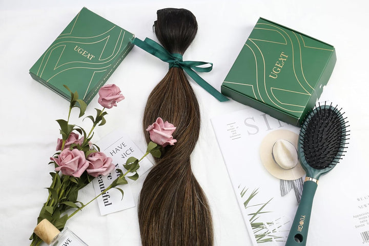 Ugeat Clip in Extensions Echthaar Balayage 35cm 120g Dunkelbraun Bis Kastanienbraun Doppelt Weft Ech