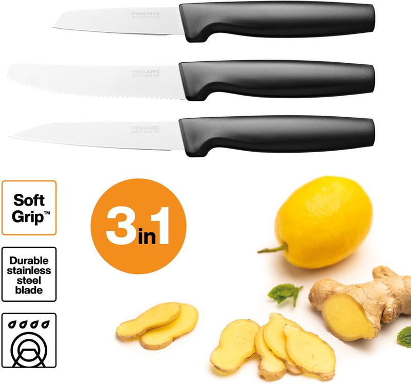 Fiskars Kleines Messer-Set, 3-teilig, Functional Form, Schälmesser, Allzweckmesser & Tischmesser, Fu