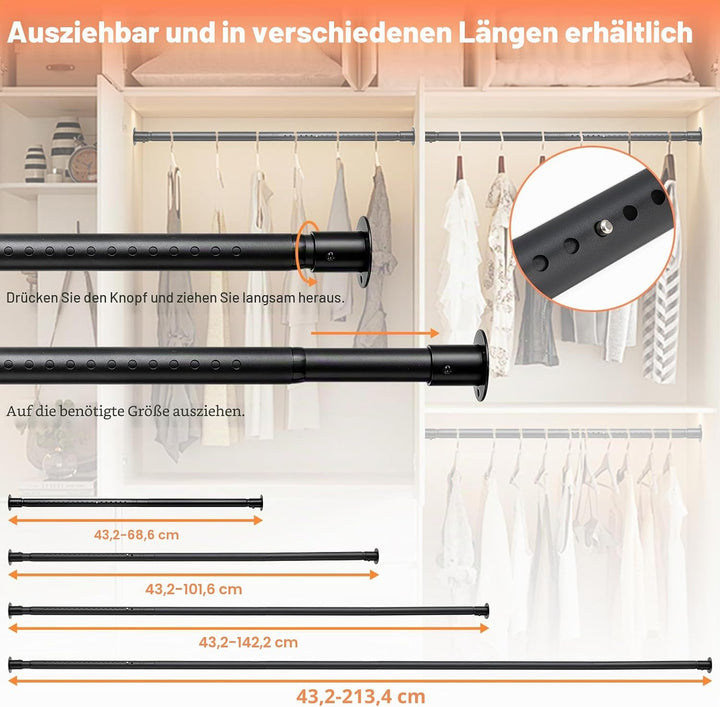 Kleiderstange 40-210 cm, Ausziehbare Garderobenstangen, Kleiderständer Arderobenstange und Zubehör z