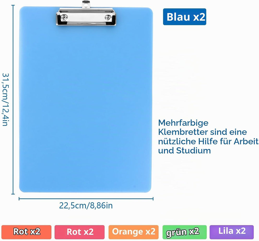 LOPYXBR A4 Klemmbrett aus Kunststoff mit Metallklemme und Aufhängeöse, 315x225mm Clipboard für Schul