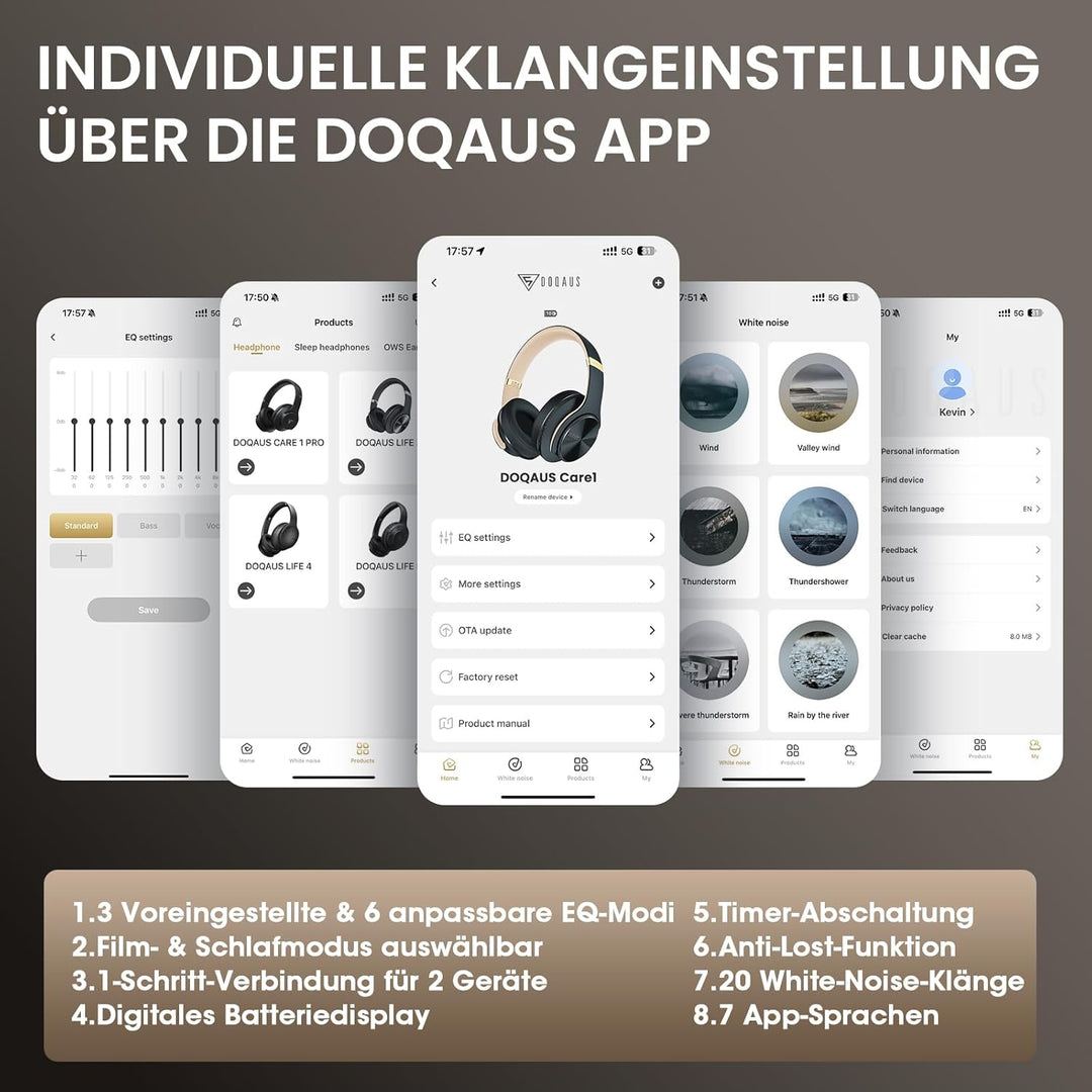 DOQAUS Bluetooth Kopfhörer Over Ear, [Bis zu 52 Std] Kabellose Kopfhörer mit 3 EQ-Modi, HiFi Stereo