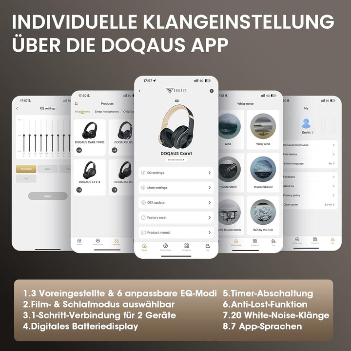 DOQAUS Bluetooth Kopfhörer Over Ear, [Bis zu 52 Std] Kabellose Kopfhörer mit 3 EQ-Modi, HiFi Stereo