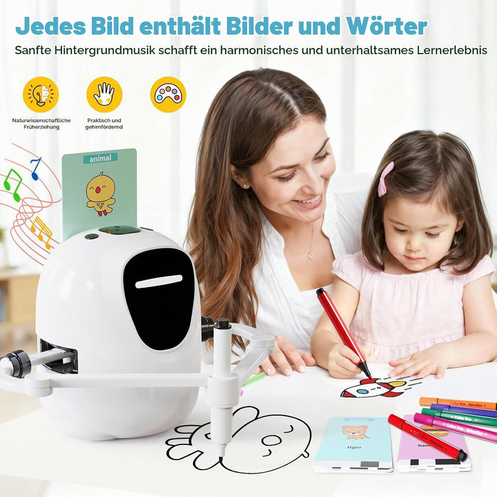 Zeichenroboter für Kinder ab 3 Jahren – sprachinteraktiver Malroboter mit 100 Lernkarten, 4 Stiften,