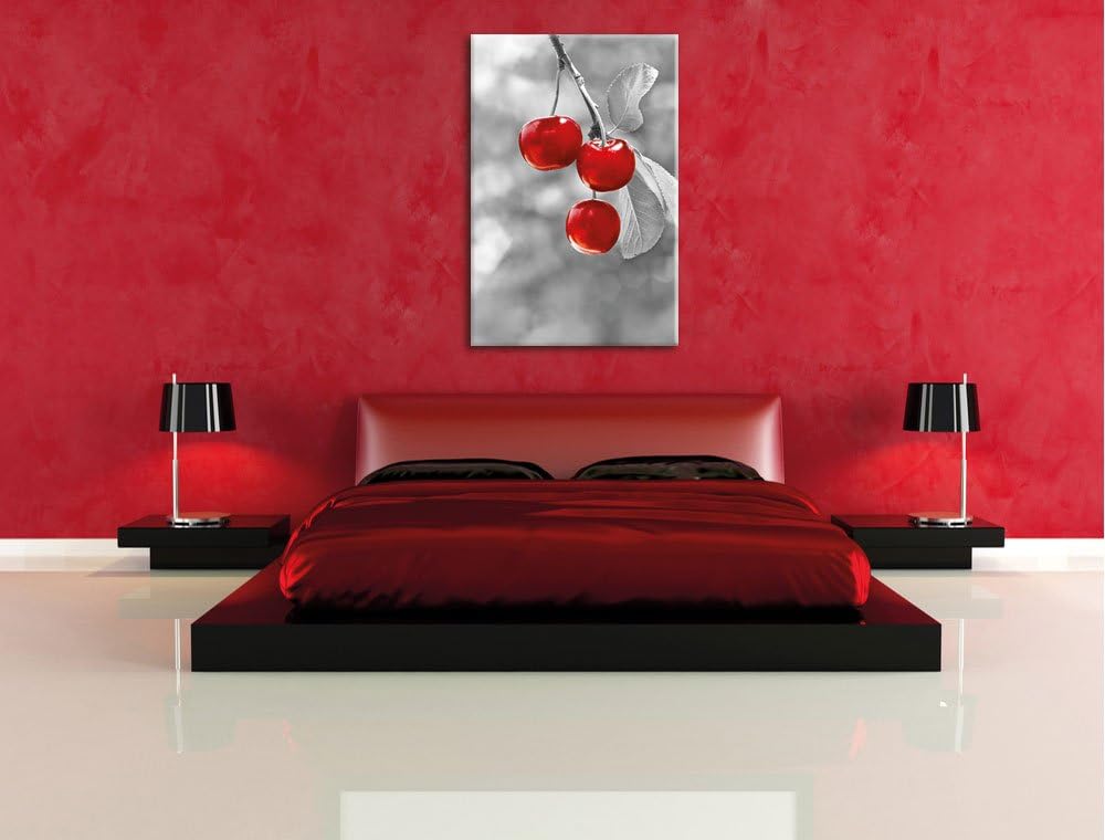 Pixxprint glänzende Kirschen am Zweig schwarz/weiss, Format: 80x120 auf hochkantiges Leinwand, XXL r